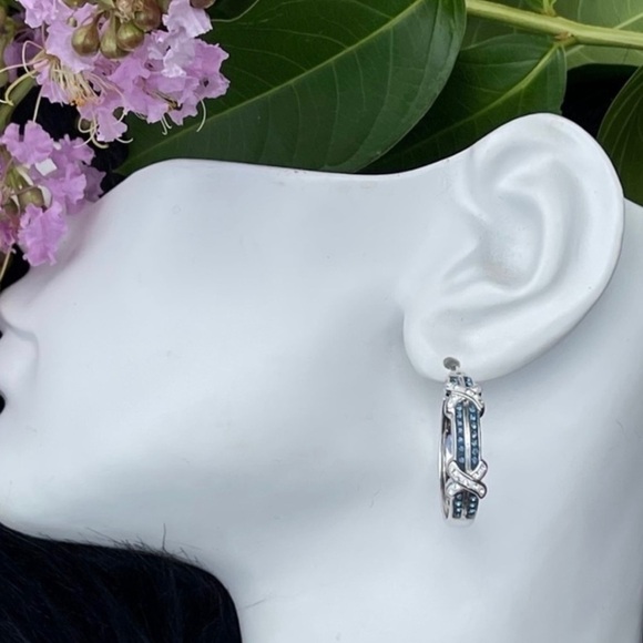 NWT Savvy Cie Rhodium Plated Pave Blue Crystal & SilverTone Hoop Earrings - Picture 6 of 12